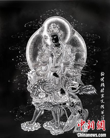 圖為朱增平創(chuàng)作的鍥金畫《敦煌榆林窟文殊菩薩》。(資料圖) 受訪者供圖