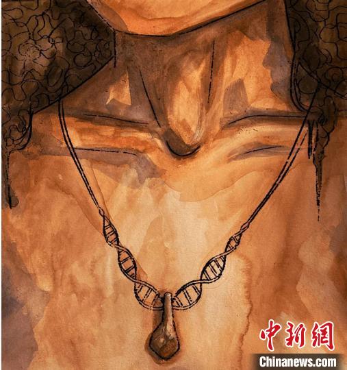 墜飾藝術(shù)再現(xiàn)圖，圖中吊墜繩為DNA螺旋樣式(圖片作者M(jìn)yrthe Lucas)?！∈┢樟指瘛ぷ匀?供圖