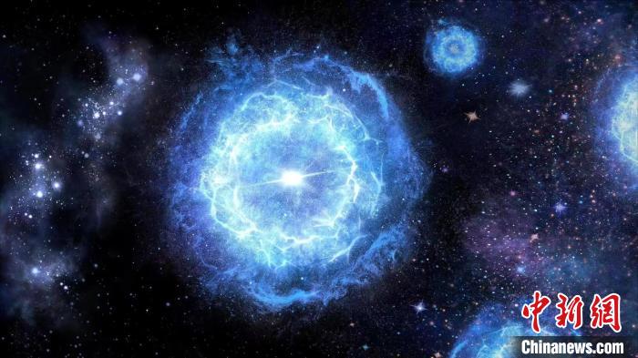 第一代超大質(zhì)量恒星演化成為“對(duì)不穩(wěn)定超新星”的藝術(shù)展示圖?！≈锌圃簢?guó)家天文臺(tái) 供圖