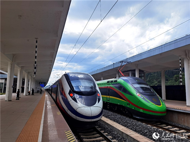 “復(fù)興號(hào)”和“瀾滄號(hào)”國(guó)際旅客列車?？吭诶蠐肽ザ≌?。人民網(wǎng) 杜明明攝