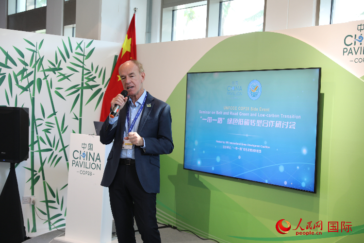 綠色聯(lián)盟聯(lián)合主席、世界自然基金會國際特使蘭博蒂尼在“一帶一路”綠色低碳轉(zhuǎn)型合作研討會上發(fā)言。人民網(wǎng)記者 張志文攝