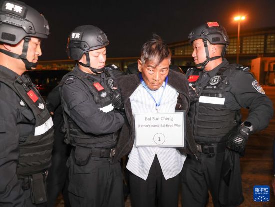1月30日，在緬甸內(nèi)比都國際機場，緬甸警方依法向我公安機關(guān)移交緬北重大犯罪嫌疑人白所成。新華社記者 殷剛 攝