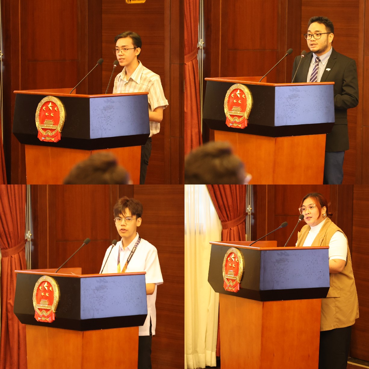 菲律賓大學(xué)、菲律賓師范大學(xué)的4位學(xué)生和校友代表現(xiàn)場(chǎng)發(fā)言向中方表示感謝并分享體會(huì)。駐菲律賓使館 供圖