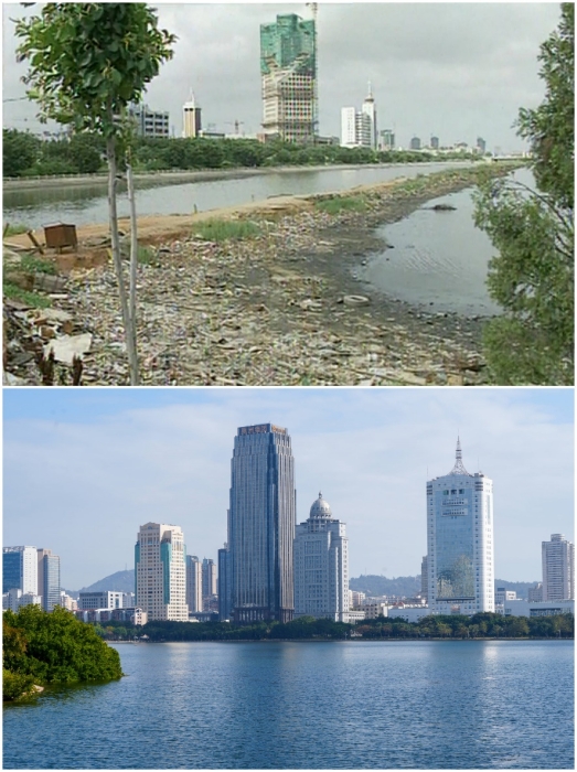 上圖：筼筜湖治理前資料圖。下圖：筼筜湖如今的美麗風光。人民網(wǎng)記者 吳超嵐攝