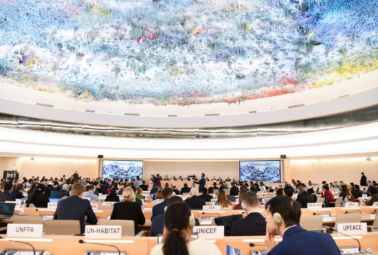 這是1月23日在瑞士日內(nèi)瓦拍攝的聯(lián)合國人權(quán)理事會(huì)第四輪國別人權(quán)審議現(xiàn)場(chǎng)。新華社記者連漪攝