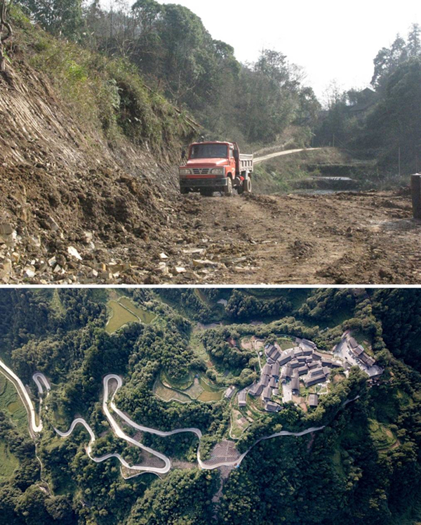 拼版照片：上圖為2011年12月拍攝的湖南省湘西土家族苗族自治州花垣縣十八洞村進(jìn)村道路；下圖為2019年9月拍攝的十八洞村及進(jìn)村道路。