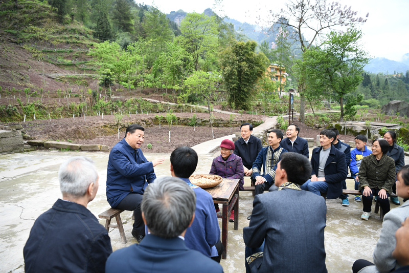 2019年4月15日至17日，中共中央總書記、國家主席、中央軍委主席習(xí)近平在重慶考察，并主持召開解決“兩不愁三保障”突出問題座談會(huì)。這是4月15日下午，習(xí)近平在石柱土家族自治縣中益鄉(xiāng)華溪村同村民代表、基層干部、扶貧干部、鄉(xiāng)村醫(yī)生等圍坐在一起，共話脫貧攻堅(jiān)。新華社記者 謝環(huán)馳 攝