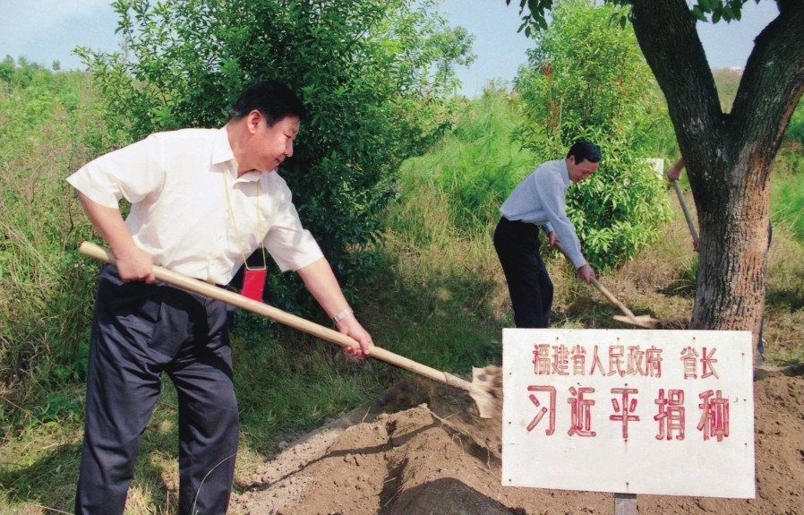 2001年10月，習(xí)近平在龍巖市長(zhǎng)汀縣調(diào)研水土流失治理工作，在河田世紀(jì)生態(tài)園為樹培土。圖源：《習(xí)近平在福建（下）》