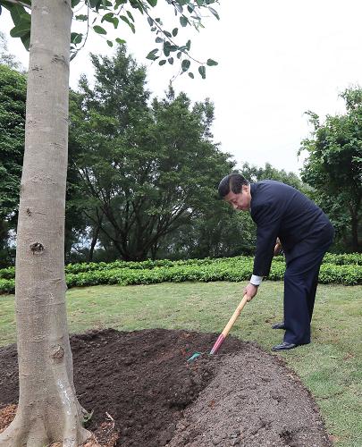2012年12月7日至11日，習(xí)近平在廣東省考察工作。這是8日上午，習(xí)近平在深圳蓮花山公園種下一棵高山榕樹(shù)。新華社記者 蘭紅光 攝