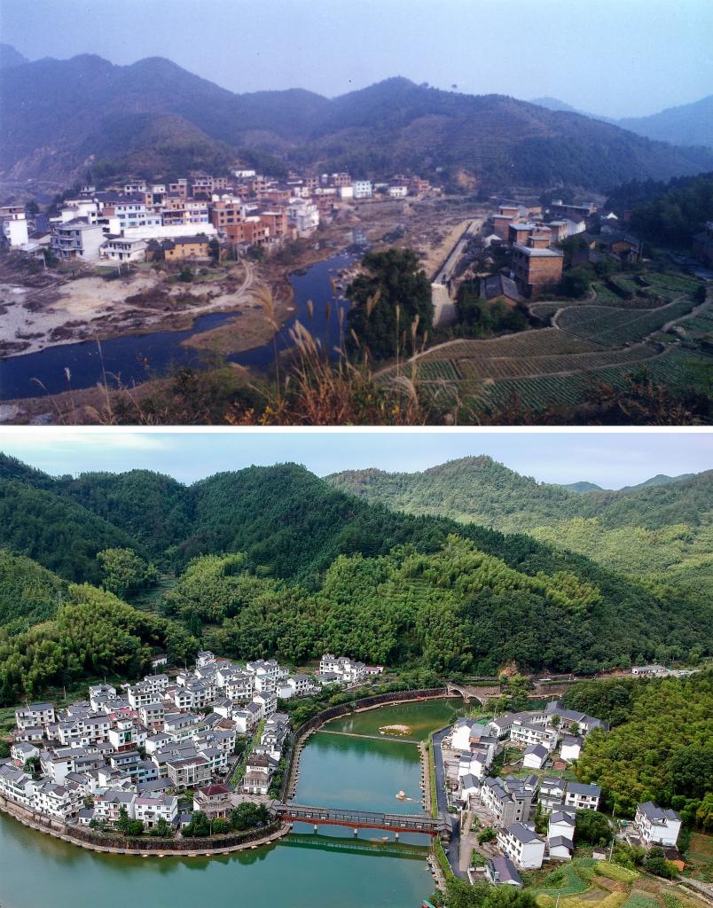 圖為浙江省杭州市淳安縣楓樹嶺鎮(zhèn)下姜村拼版圖，其中上圖為資料照片、下圖由新華社記者張鋮攝。