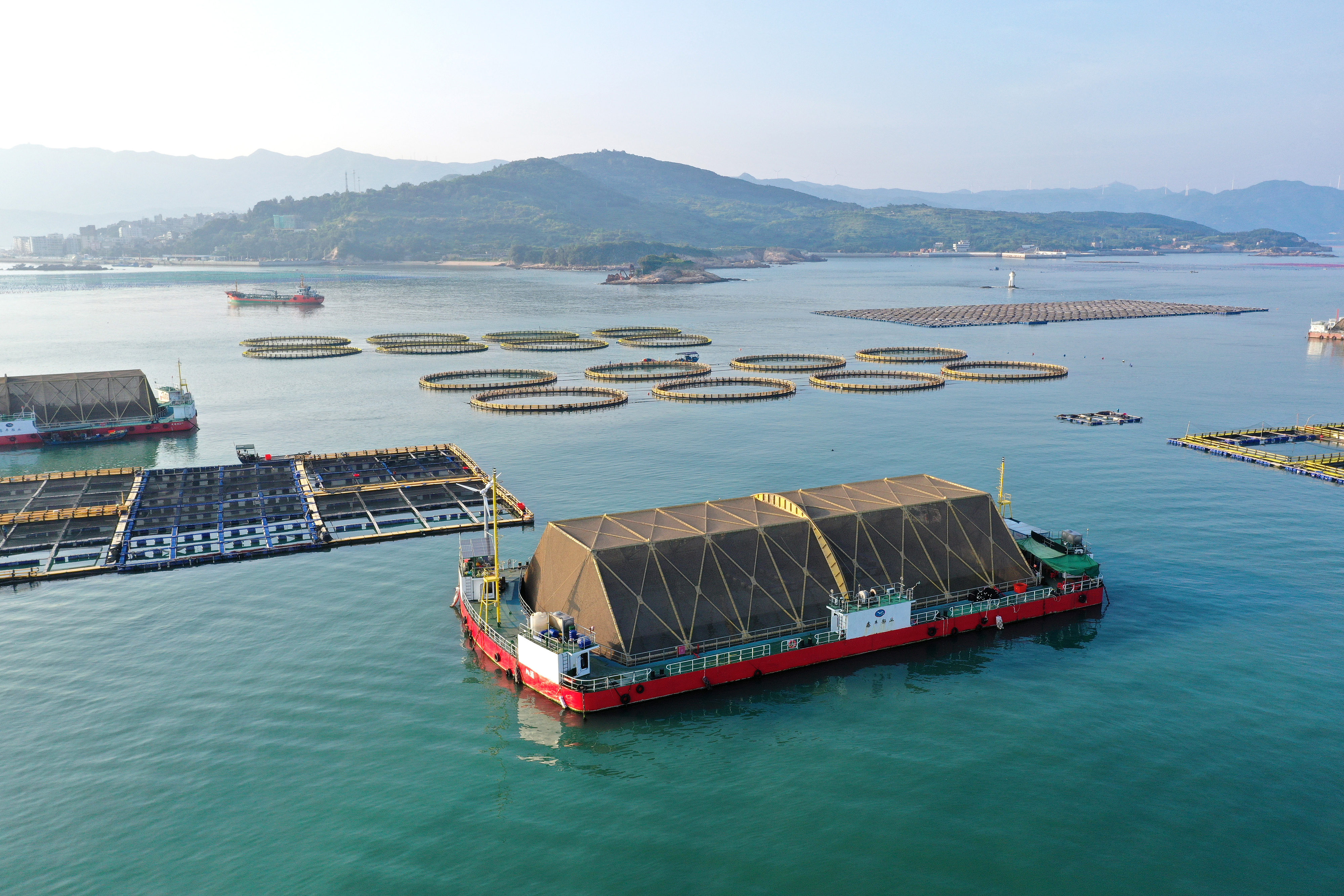 2024年9月10日拍攝的福建省福州市連江縣定海灣海域的現(xiàn)代化“海上糧倉(cāng)”。