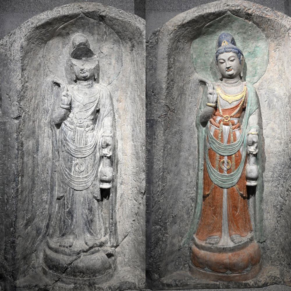 左圖為龍門石窟萬佛洞窟前南壁菩薩造像的3D打印模型；右圖為利用數(shù)字化技術(shù)復(fù)原后的3D打印模型（2025年4月10日攝，拼版照片）。復(fù)原后的像龕精妙絕倫，栩栩如生，被游客譽為“龍門最美菩薩”。圖片來源新華社