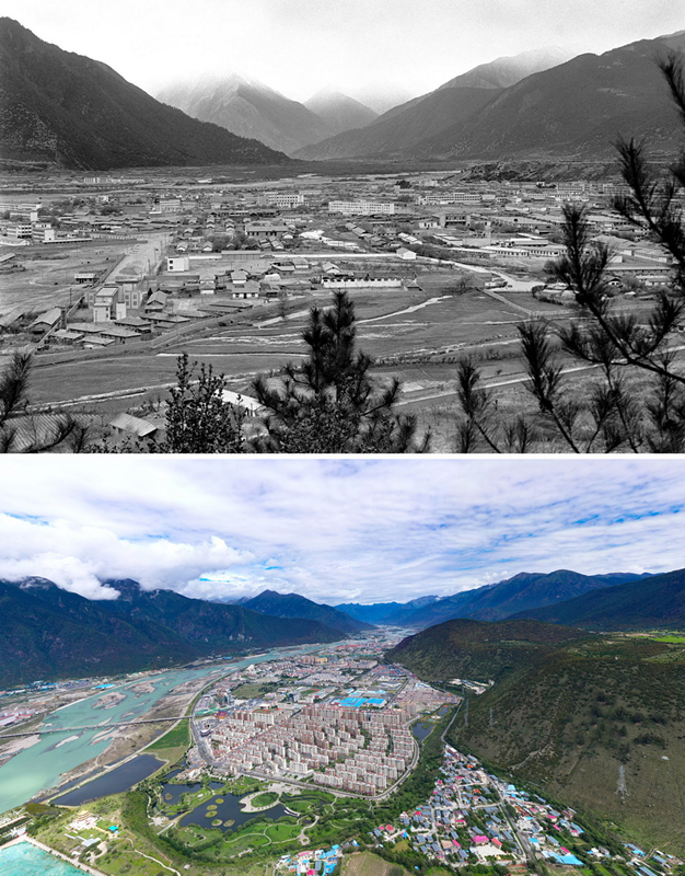 拼版照片：上圖是20世紀(jì)90年代的西藏林芝八一鎮(zhèn)；下圖是2021年7月20日拍攝的西藏林芝八一鎮(zhèn)風(fēng)貌。