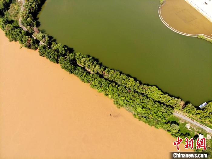 圖為2020年9月3日航拍黃河蘭州段濕地公園現(xiàn)黃河“鴛鴦鍋”。(資料圖) 高瑩 攝