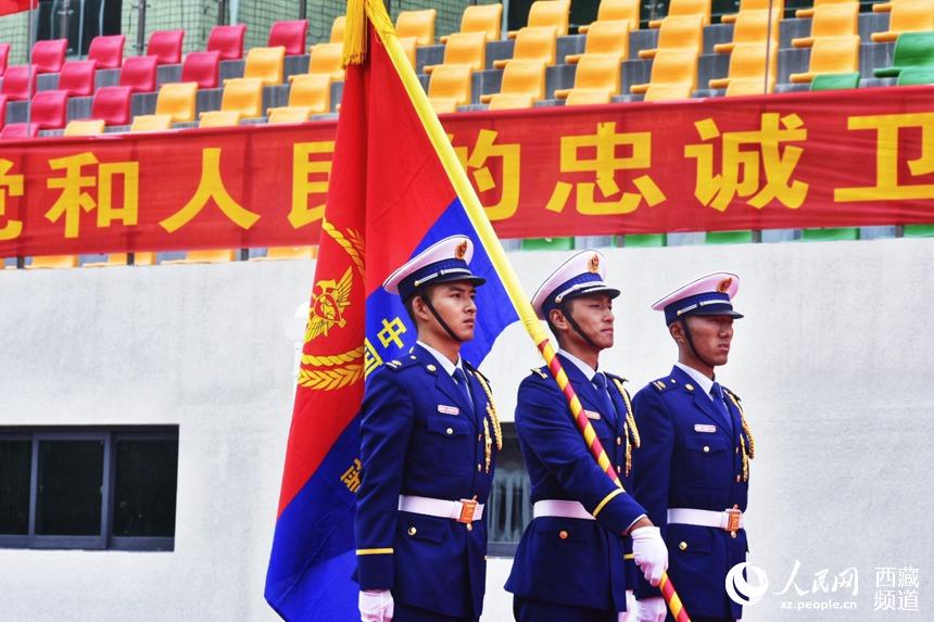迎國家綜合性消防救援隊伍隊旗。人民網(wǎng) 李海霞 攝
